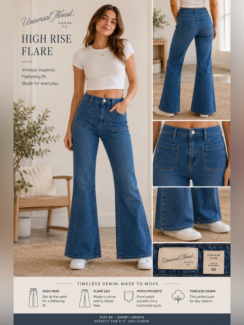 Universal Thread High Rise Flare Jeans Women’s Size 6S - Patch Pockets